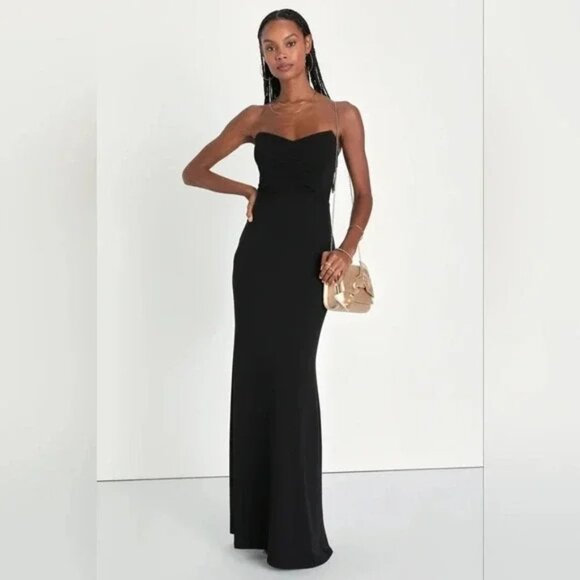 NWT Lulus Iconic Arrival Black Strapless Bustier Mermaid Maxi Dress - Picture 3 of 7